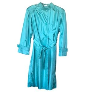 Vintage Nan Elliot teal raincoat SZ 8P Buttons Sash midi quiet luxury Rich girl